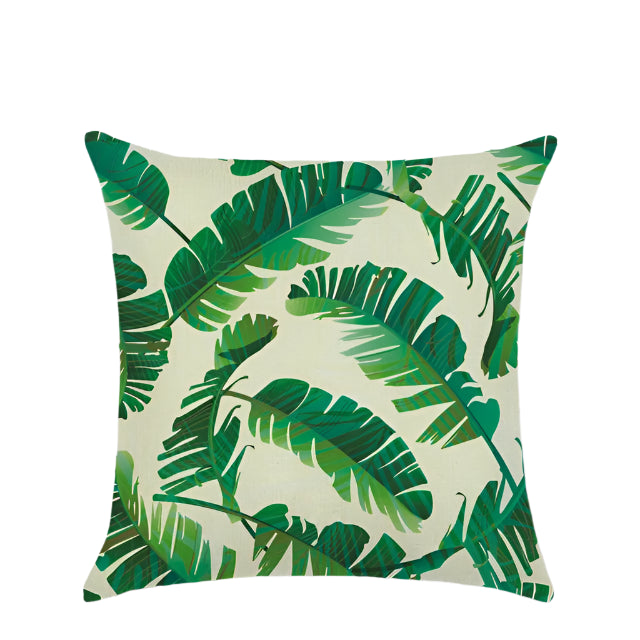 Tropical plants cushion covers featuring vibrant botanical prints. Made from soft, durable fabric, perfect for adding a fresh, nature-inspired touch to your home decor. Ideal for sofas, beds, and outdoor seating areas.