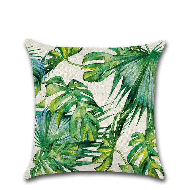 Tropical plants cushion covers featuring vibrant botanical prints. Made from soft, durable fabric, perfect for adding a fresh, nature-inspired touch to your home decor. Ideal for sofas, beds, and outdoor seating areas.
