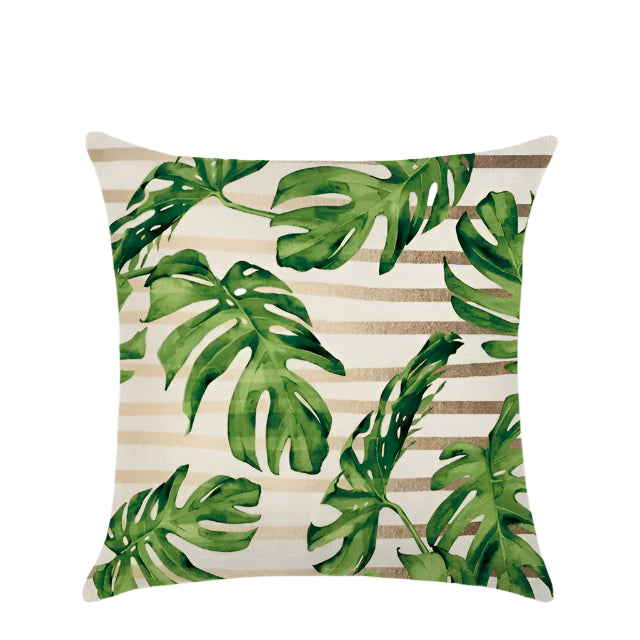 Tropical plants cushion covers featuring vibrant botanical prints. Made from soft, durable fabric, perfect for adding a fresh, nature-inspired touch to your home decor. Ideal for sofas, beds, and outdoor seating areas.