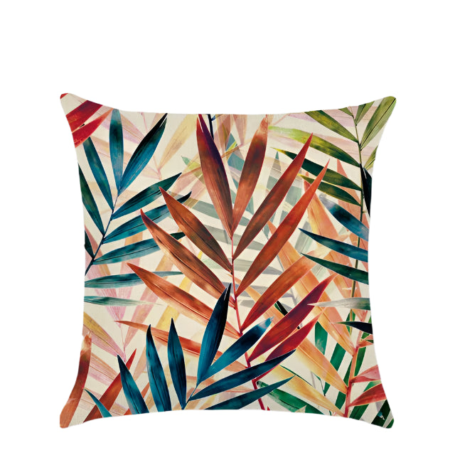 Tropical plants cushion covers featuring vibrant botanical prints. Made from soft, durable fabric, perfect for adding a fresh, nature-inspired touch to your home decor. Ideal for sofas, beds, and outdoor seating areas.
