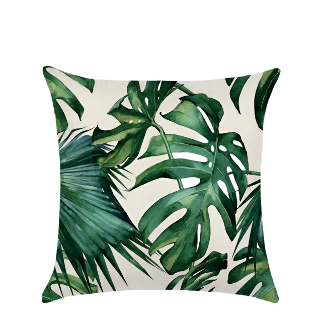 Tropical plants cushion covers featuring vibrant botanical prints. Made from soft, durable fabric, perfect for adding a fresh, nature-inspired touch to your home decor. Ideal for sofas, beds, and outdoor seating areas.