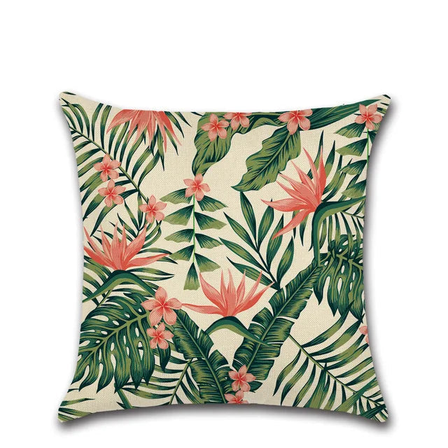 Tropical plants cushion covers featuring vibrant botanical prints. Made from soft, durable fabric, perfect for adding a fresh, nature-inspired touch to your home decor. Ideal for sofas, beds, and outdoor seating areas.