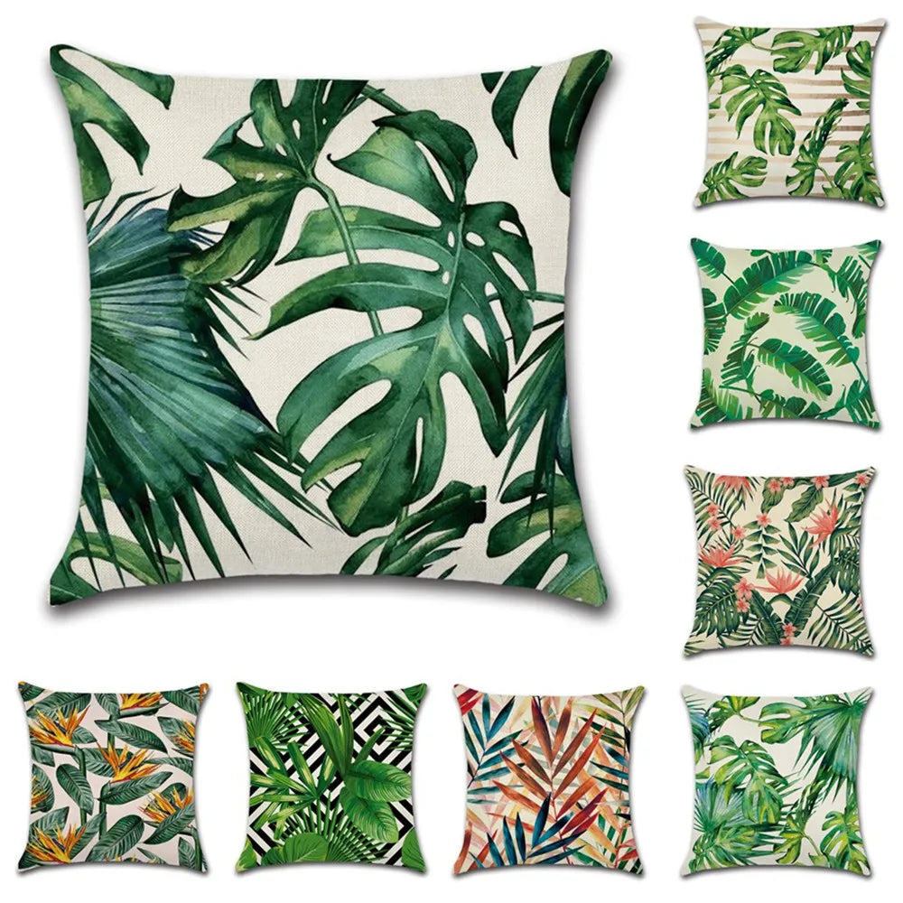 Tropical plants cushion covers featuring vibrant botanical prints. Made from soft, durable fabric, perfect for adding a fresh, nature-inspired touch to your home decor. Ideal for sofas, beds, and outdoor seating areas.