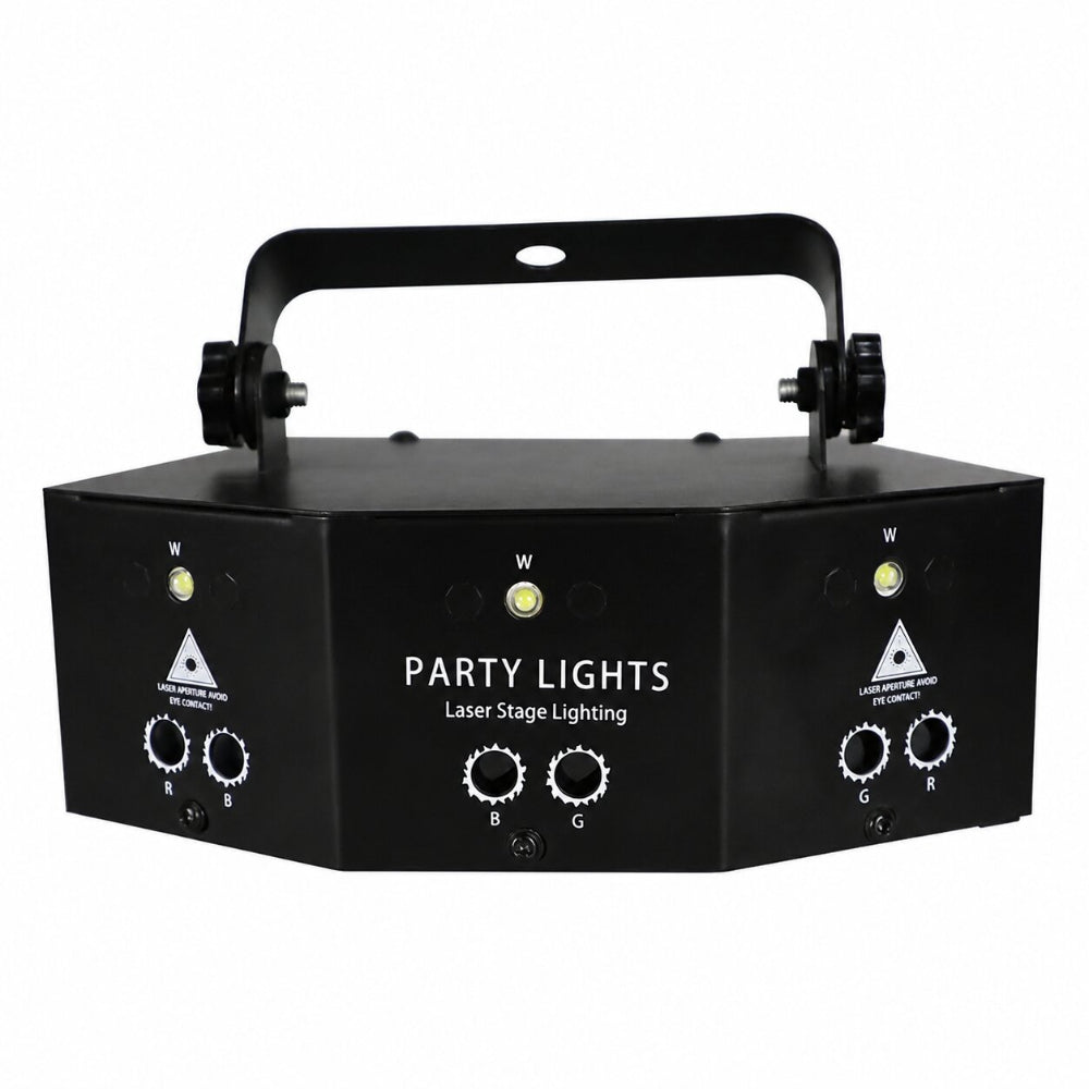 Black octagonal party lights laser stage lighting unit with a top handle, featuring white text and control knobs on a clean white background.