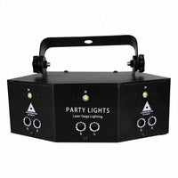 Black octagonal party lights laser stage lighting unit with a top handle, featuring white text and control knobs on a clean white background.