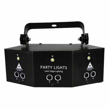 Black octagonal party lights laser stage lighting unit with a top handle, featuring white text and control knobs on a clean white background.