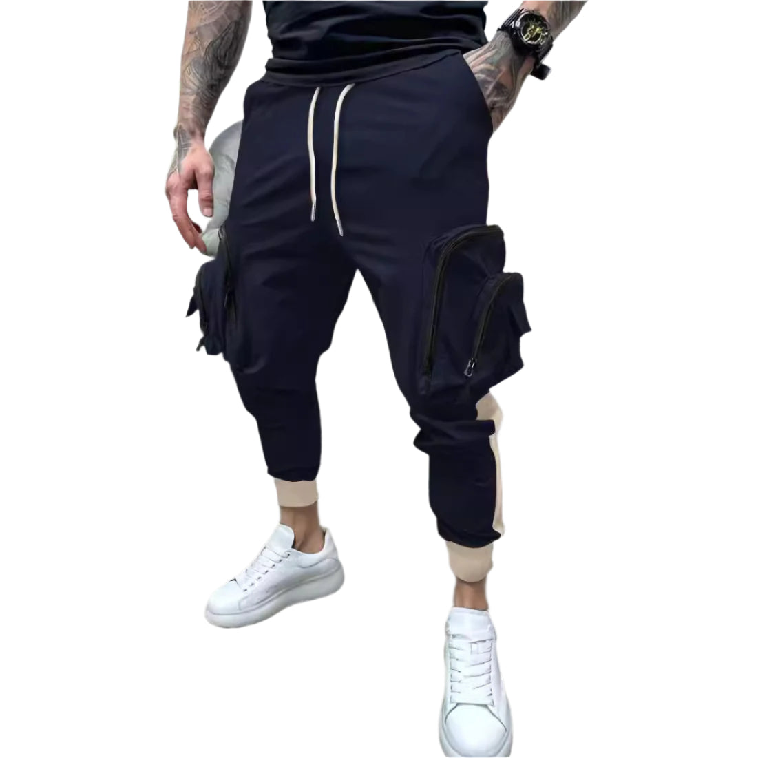 Casual tapered overalls with a zipper closure, color-blocked design, and multiple pockets for a stylish and functional look.