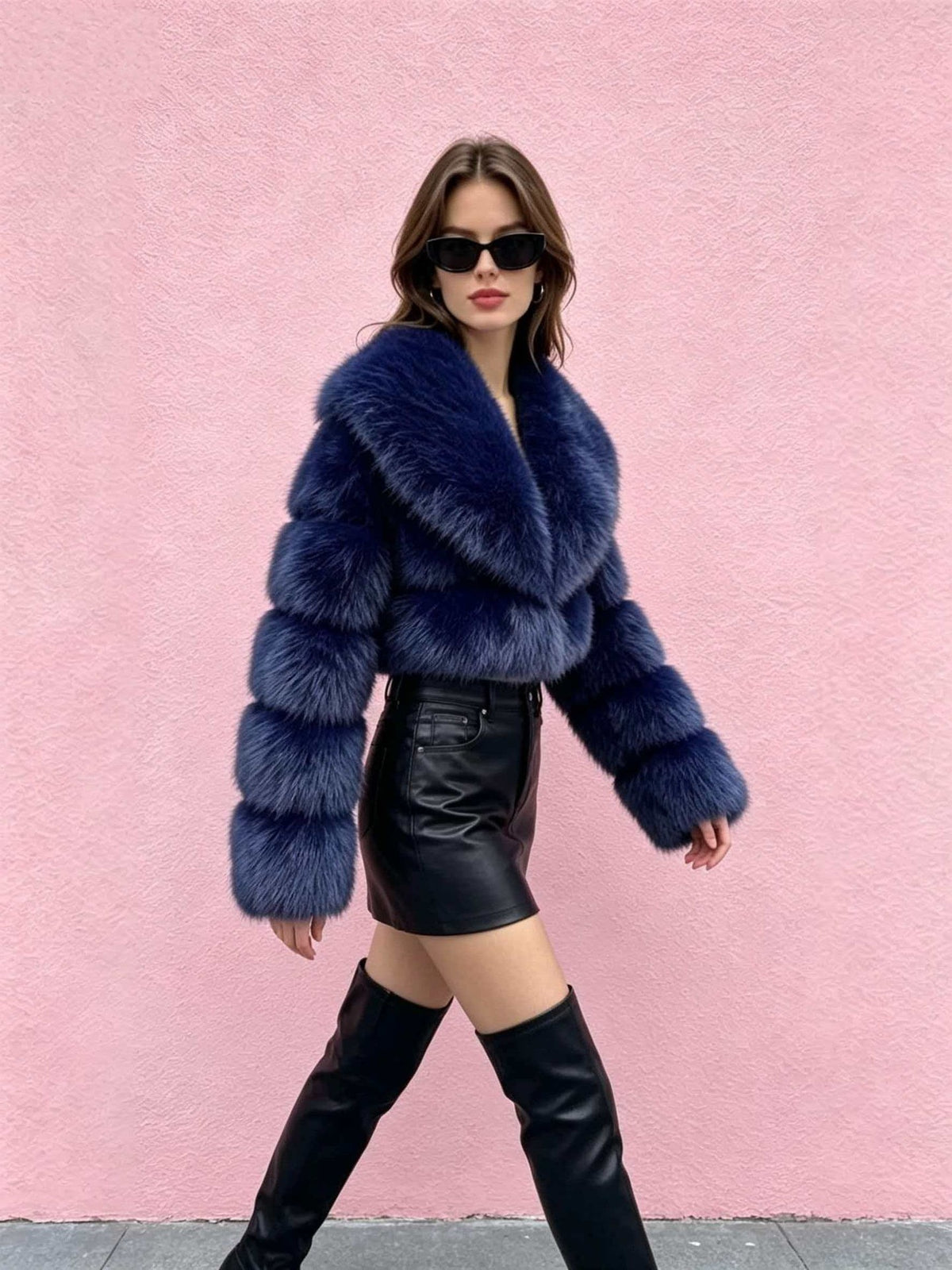 A model wearing a voluminous dark blue faux fur cropped jacket, black leather mini skirt, and black thigh-high boots, posing against a textured pink wall.