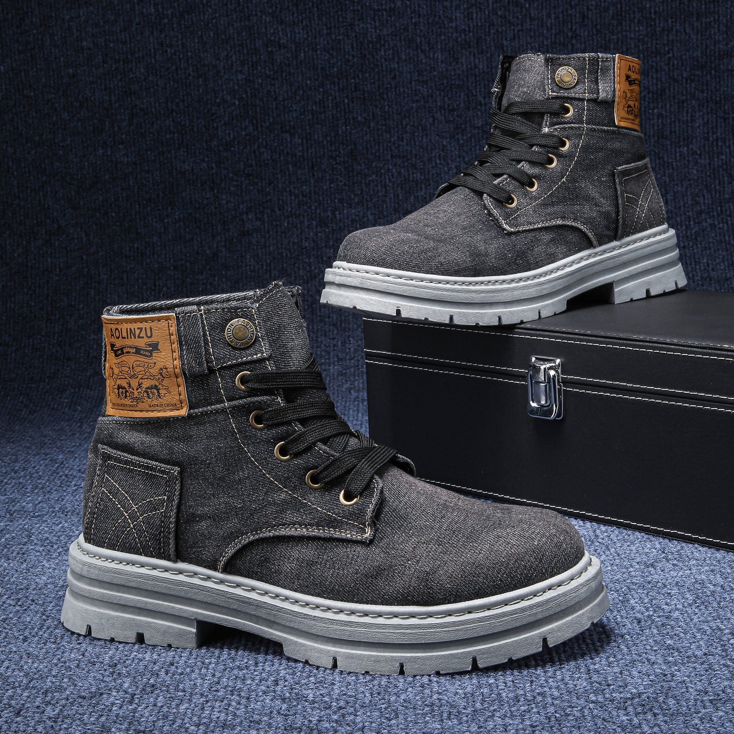 High-top denim board shoes for men with lace-up design and rubber sole.

