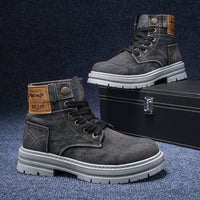 High-top denim board shoes for men with lace-up design and rubber sole.

