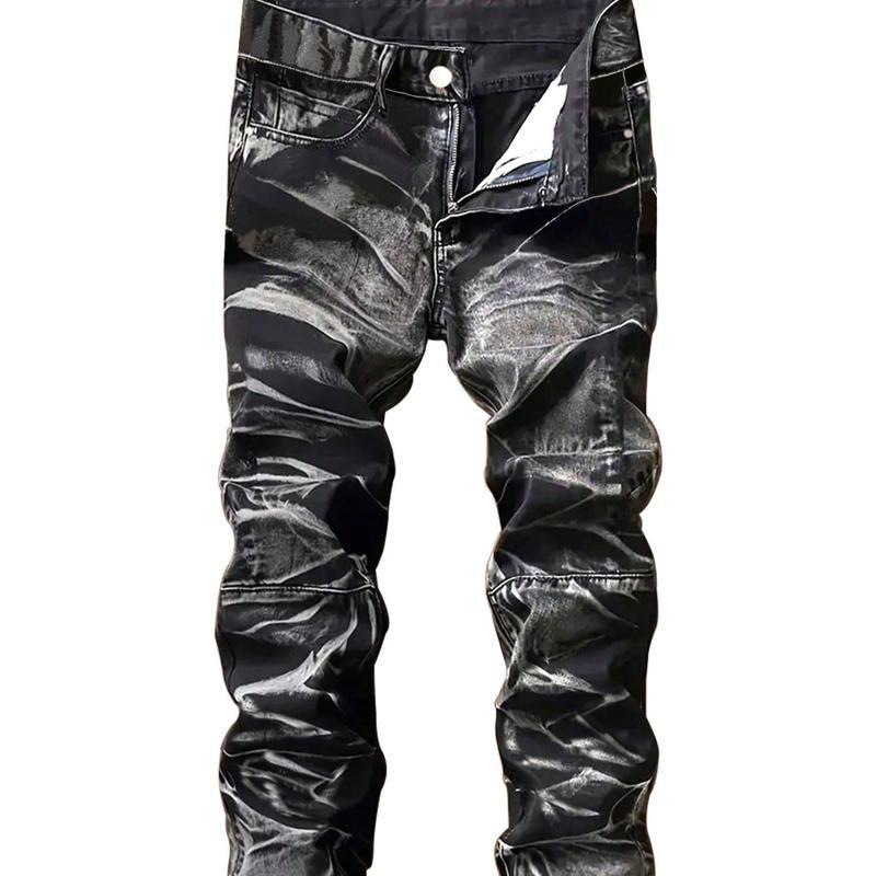 Men's distressed denim jeans featuring zipper accents and motorcycle-inspired styling