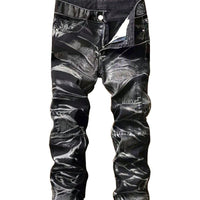 Men's distressed denim jeans featuring zipper accents and motorcycle-inspired styling