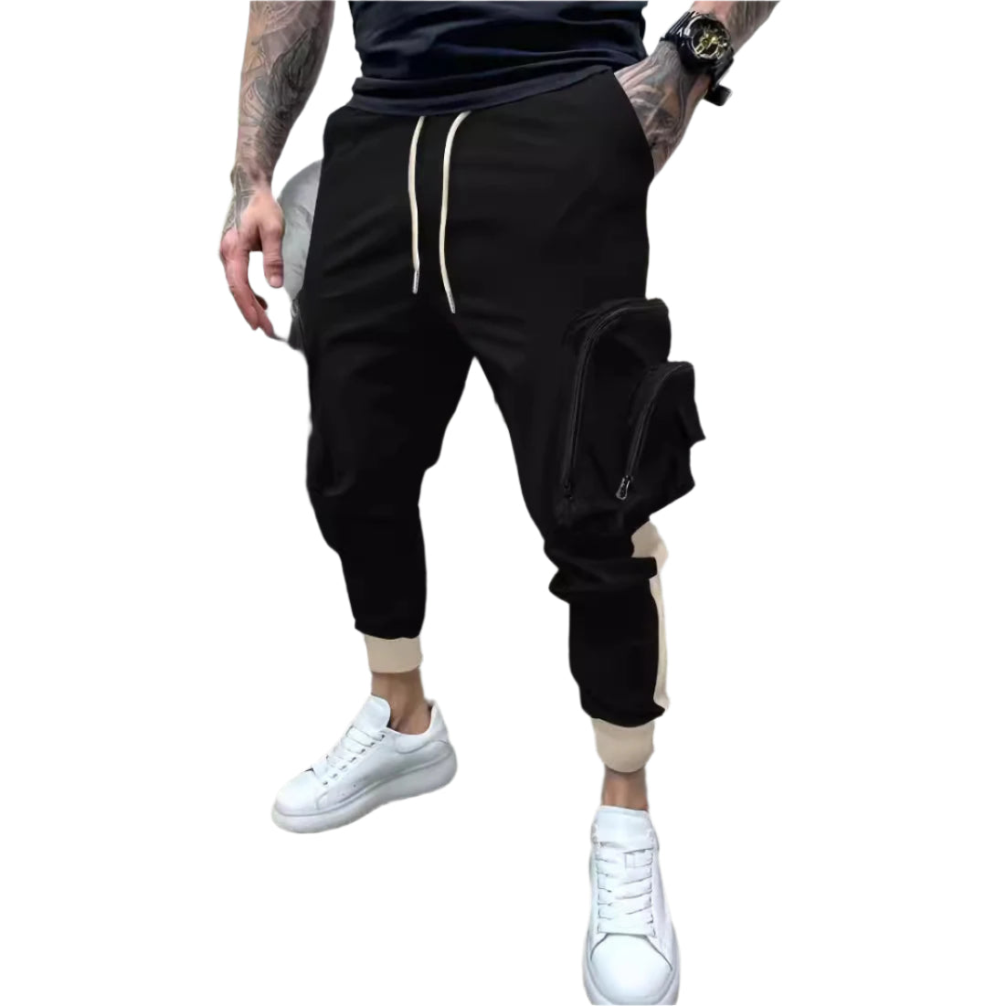 Casual tapered overalls with a zipper closure, color-blocked design, and multiple pockets for a stylish and functional look.