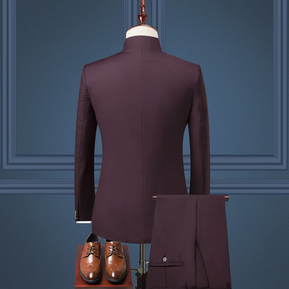Men's British Style Stand Collar Three-Piece Suit – Modern Tailored Suit for Formal & Business Wear.








