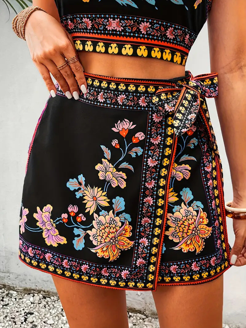 Women's ethnic-style sleeveless vest and shorts set, boho-chic casual summer outfit.








