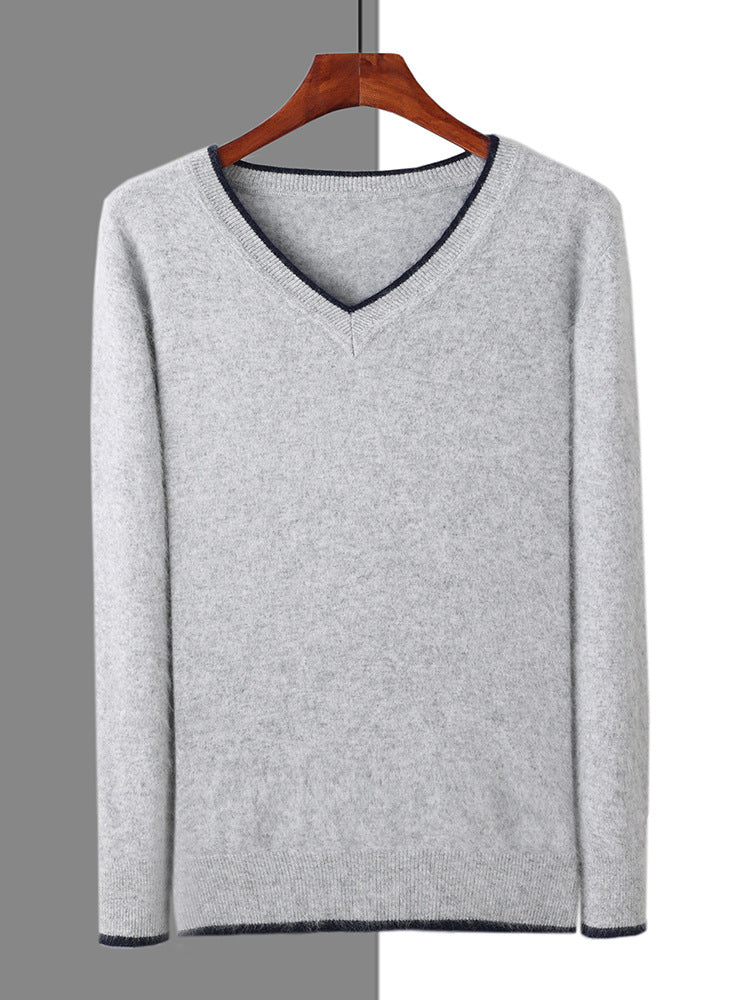 Men’s Pullover V-neck Loose Color Matching Plus Size Thermal Sweater, Comfortable and Stylish for Cold Weather Wear.
