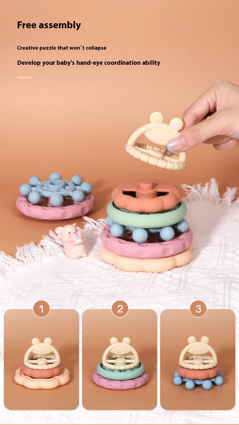 Colorful silicone stacking building blocks for toddlers and kids, safe educational puzzle toy.

