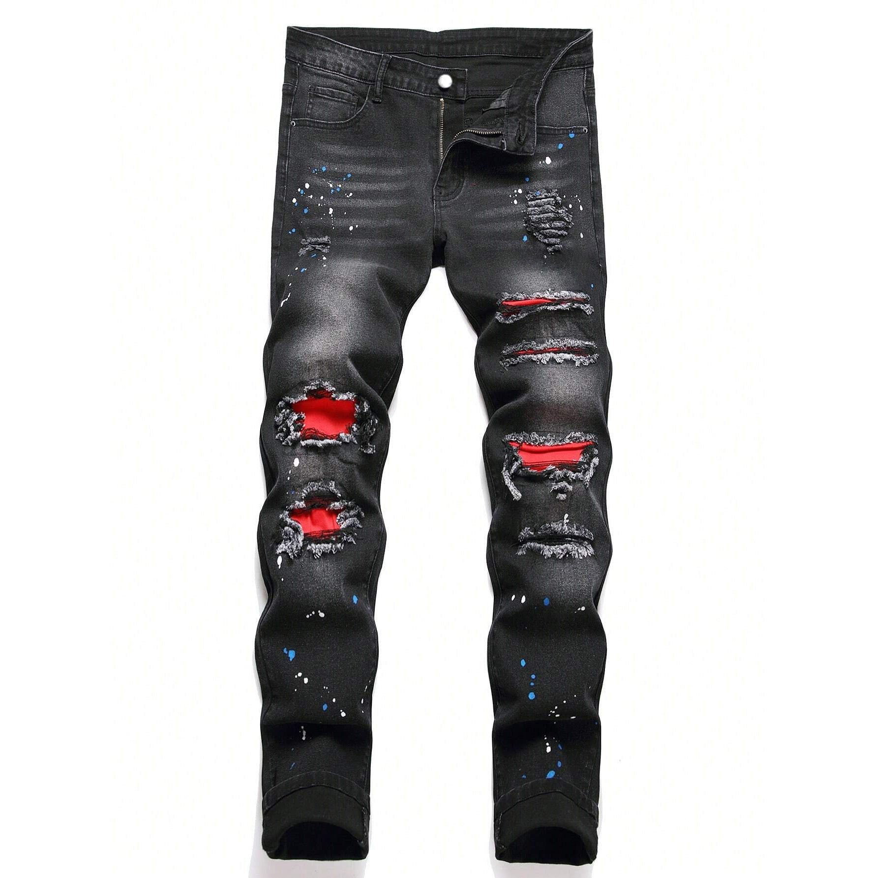 Men's straight-leg ripped black jeans with distressed cotton denim detailing