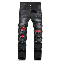 Men's straight-leg ripped black jeans with distressed cotton denim detailing