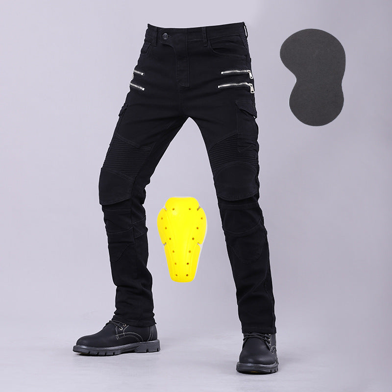 Men’s motorcycle riding jeans with reinforced knee and hip protection, durable denim, and a stylish biker design.