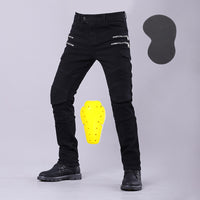 Men’s motorcycle riding jeans with reinforced knee and hip protection, durable denim, and a stylish biker design.