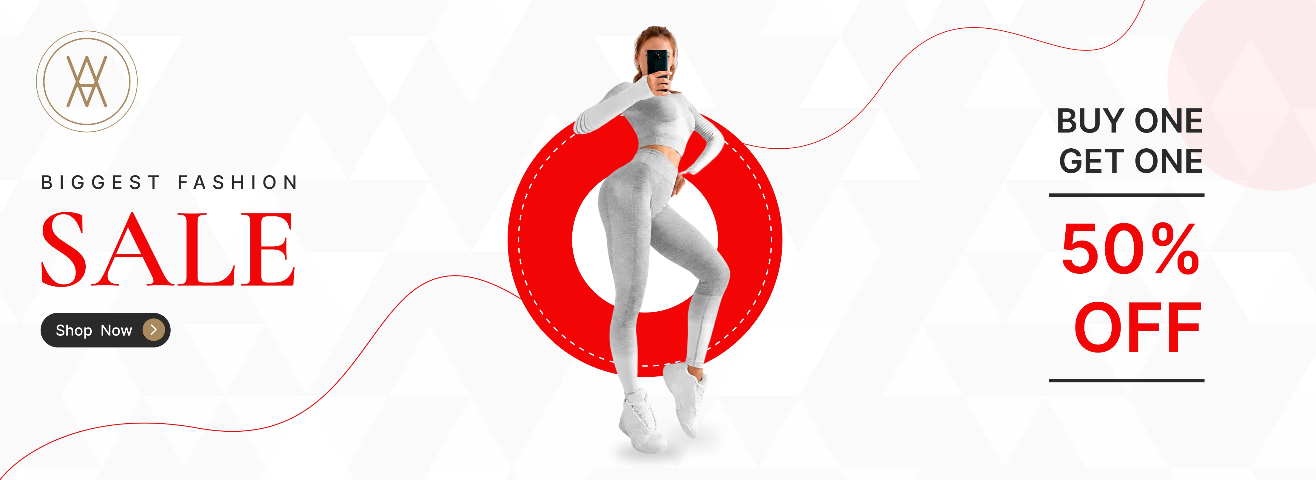 Fashion sale banner featuring a woman in a gray athletic outfit with Buy One Get One 50% Off promotion