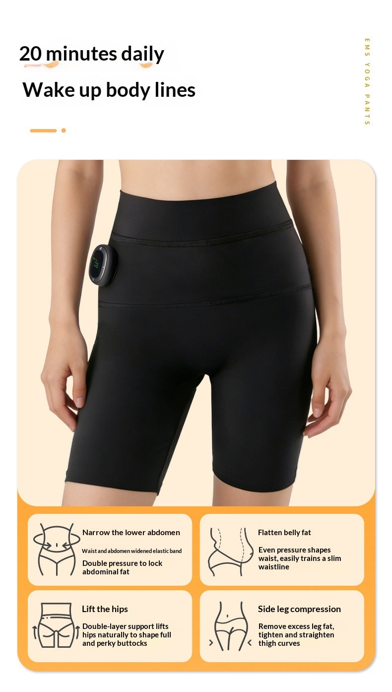 A promotional graphic showing a model from the waist down wearing black high-waisted compression shorts with a small black oval device attached to the left hip. The layout includes text reading '20 minutes daily Wake up body lines' and four illustrated benefit panels at the bottom describing abdominal slimming, belly fat flattening, hip lifting, and leg compression.