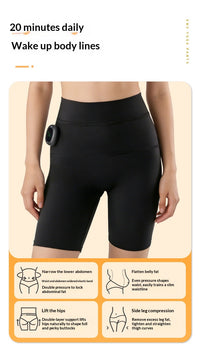 A promotional graphic showing a model from the waist down wearing black high-waisted compression shorts with a small black oval device attached to the left hip. The layout includes text reading '20 minutes daily Wake up body lines' and four illustrated benefit panels at the bottom describing abdominal slimming, belly fat flattening, hip lifting, and leg compression.