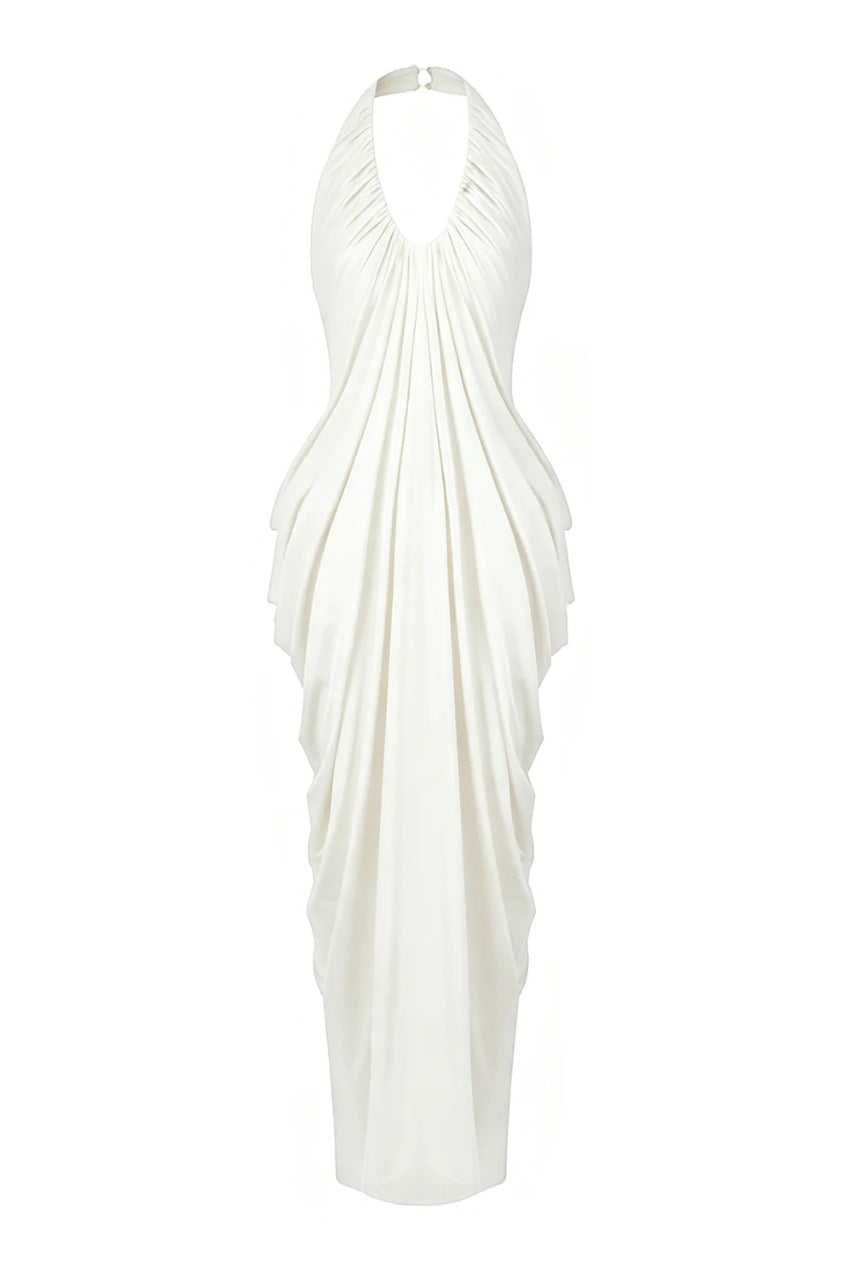 White halter neck dress with draped design on a white background