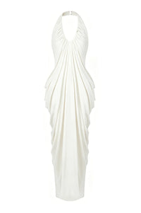 White halter neck dress with draped design on a white background