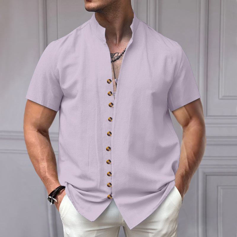 Linen Button Stand Collar Short Sleeve Shirt – Lightweight, breathable linen shirt with a stand collar and button-down front, ideal for summer wear.