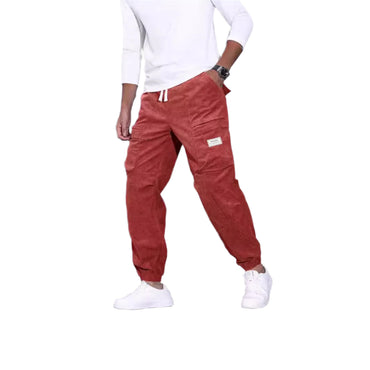 Men's corduroy overalls with ankle-tied loose fit and multi-pocket design for casual wear.
