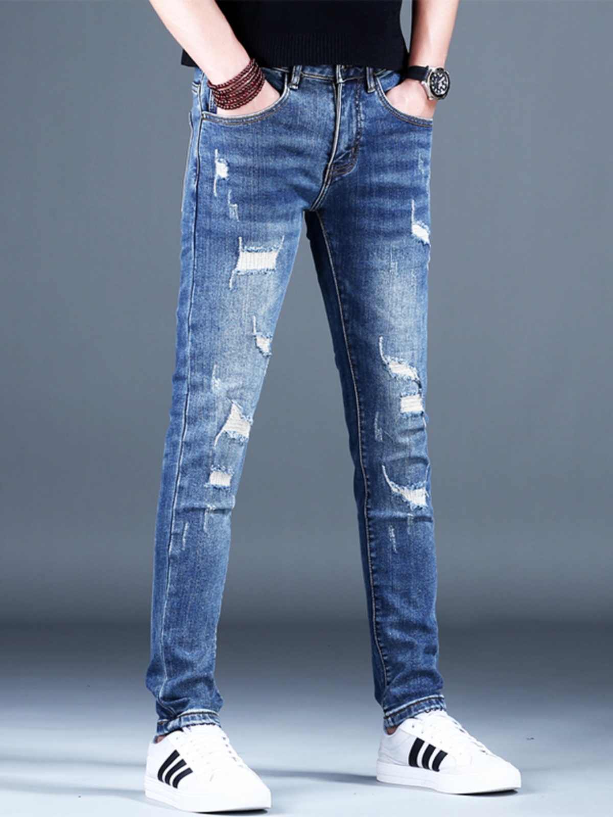 Men’s Ripped Fleece Padded Jeans – slim-fit, stretchable, and fleece-lined for warmth and style.