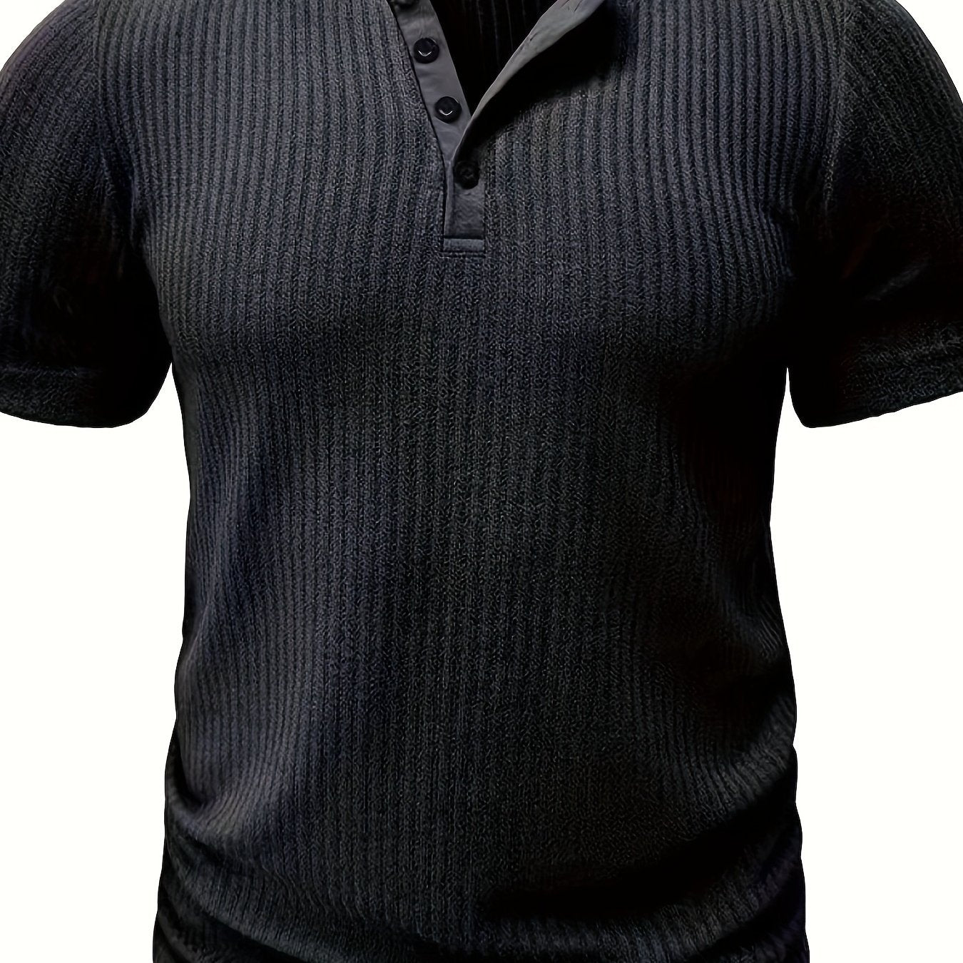 Men’s solid stripe pattern knit short sleeve Henley T-shirt—chic and stylish sports top for summer.








