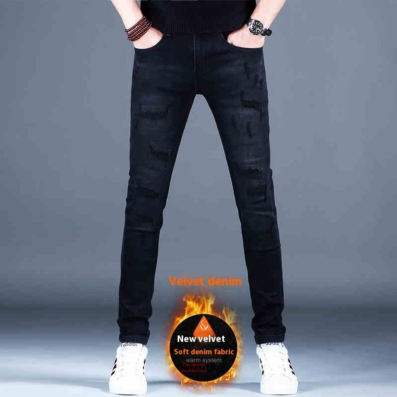 Men’s Ripped Fleece Padded Jeans – slim-fit, stretchable, and fleece-lined for warmth and style.