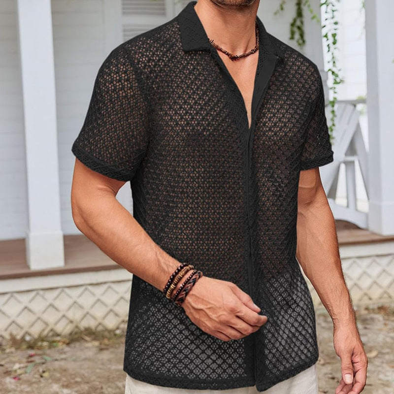 Summer Mesh Short Sleeve Shirt – Stylish solid color lapel shirt made from breathable mesh fabric, ideal for beachwear and casual occasions.








