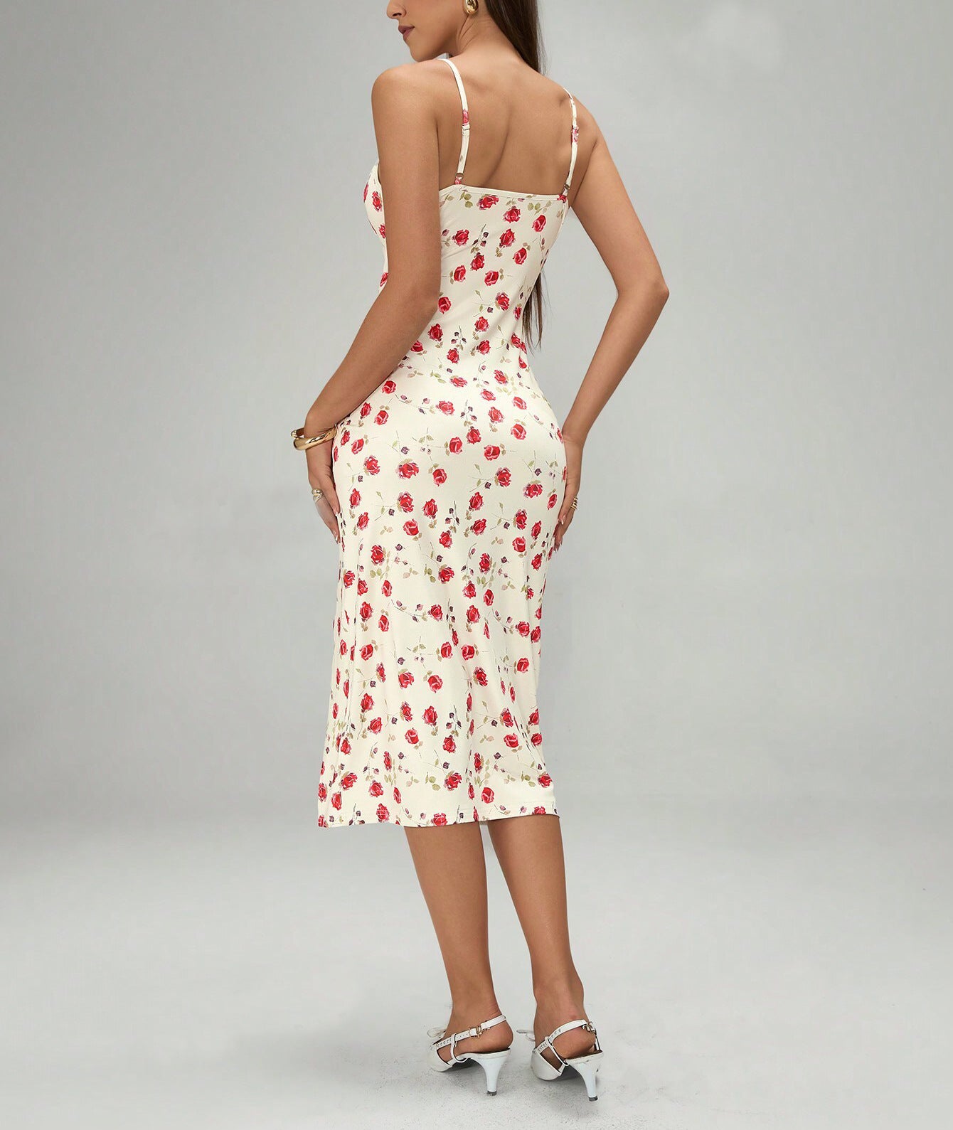 Women's summer printed suspender split dress with lace-up back and slim fit design.

