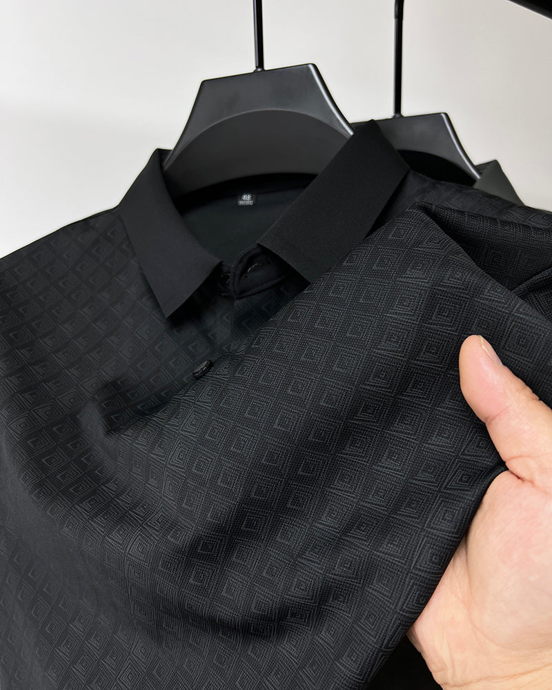 High-end Elegant Ice Silk Short Sleeve Polo Shirt, men's lapel design, plaid pattern, summer comfort.