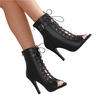 Women's Peep Toe High Heel Pumps – Fashionable lace-up buckle sandals with back zipper and high heels for a stylish, sophisticated look.








