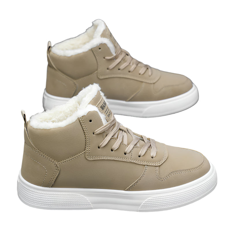 Plus size men’s high-top winter fleece-lined casual sports cotton shoes in neutral tones.

