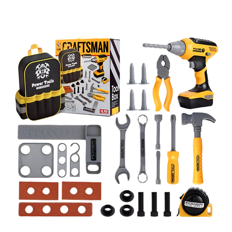 Children’s playhouse toolbox toy set with electric drill and tools, perfect for pretend play and role-playing activities.








