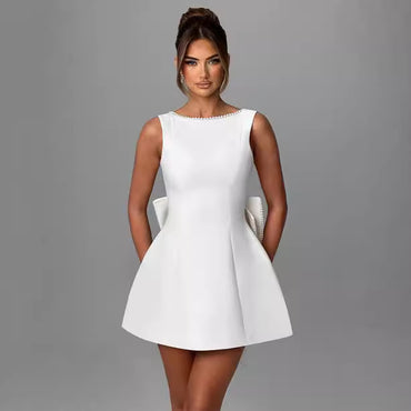 Elegant big-bowed pearls backless dress, sleeveless A-line party evening dress for women, perfect for summer soirées and formal occasions.

