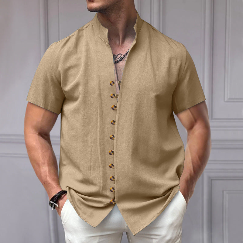 Linen Button Stand Collar Short Sleeve Shirt – Lightweight, breathable linen shirt with a stand collar and button-down front, ideal for summer wear.