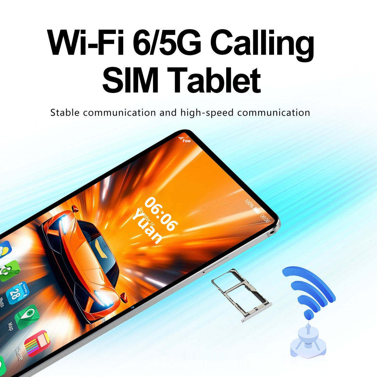 Tablet with Wi-Fi 6/5G calling features on a white background