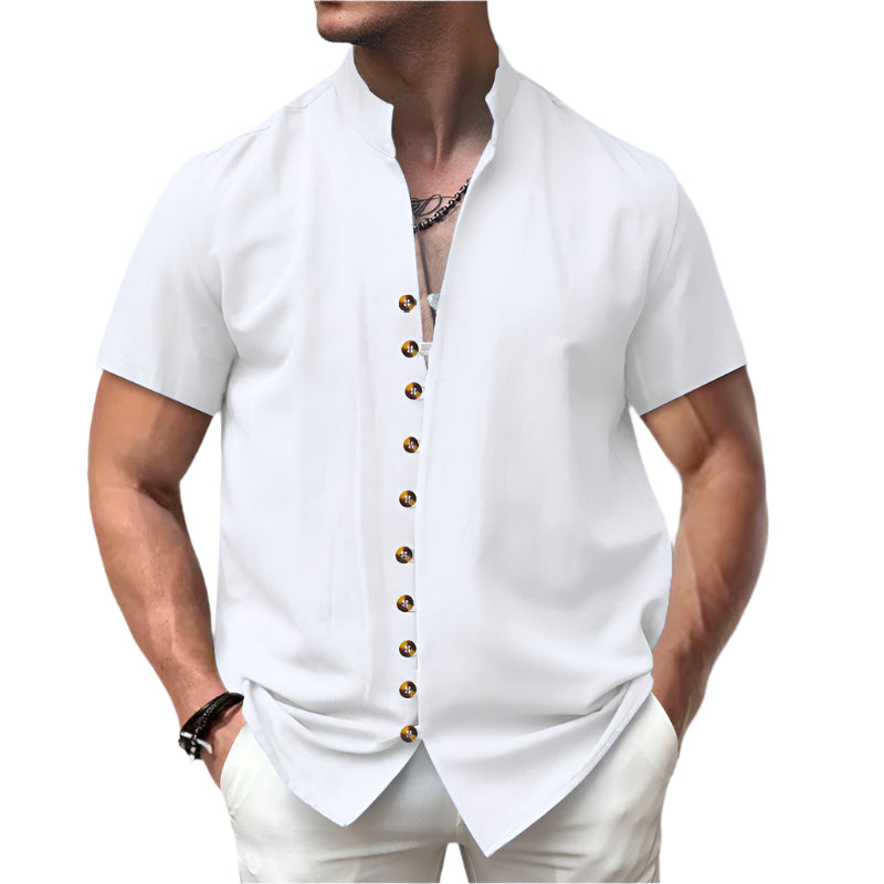 Linen Button Stand Collar Short Sleeve Shirt – Lightweight, breathable linen shirt with a stand collar and button-down front, ideal for summer wear.