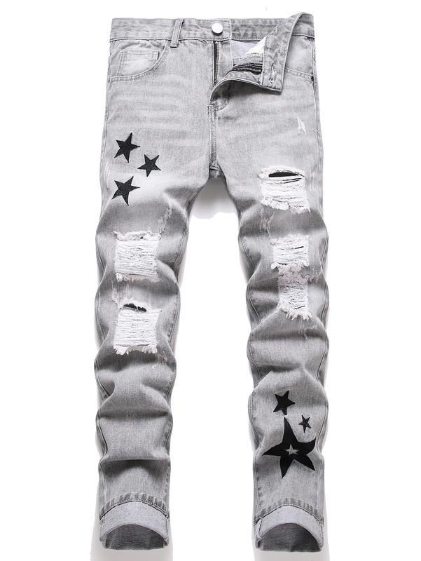 Men's casual ripped jeans with zipper decorations and slim-fit silhouette