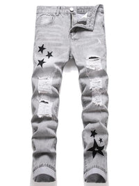 Men's casual ripped jeans with zipper decorations and slim-fit silhouette