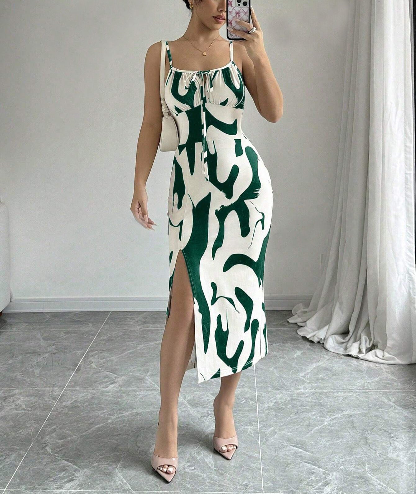 Women's summer printed suspender split dress with lace-up back and slim fit design.

