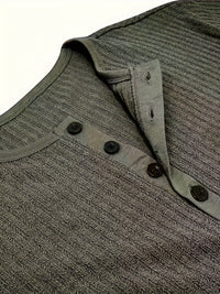 Men’s solid stripe pattern knit short sleeve Henley T-shirt—chic and stylish sports top for summer.








