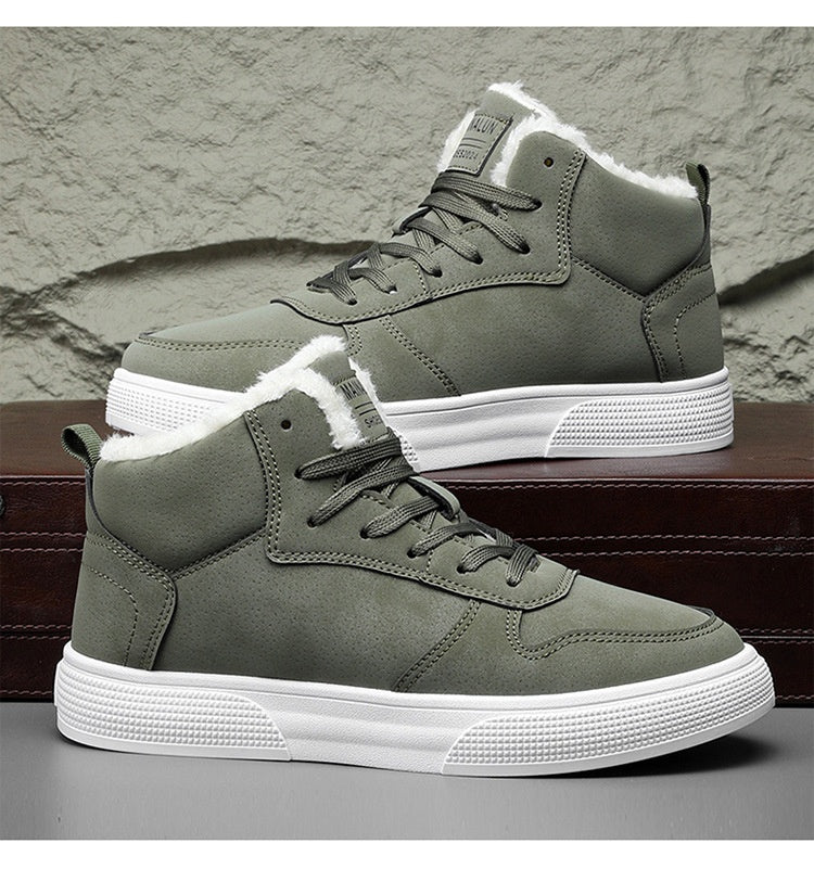 Plus size men’s high-top winter fleece-lined casual sports cotton shoes in neutral tones.

